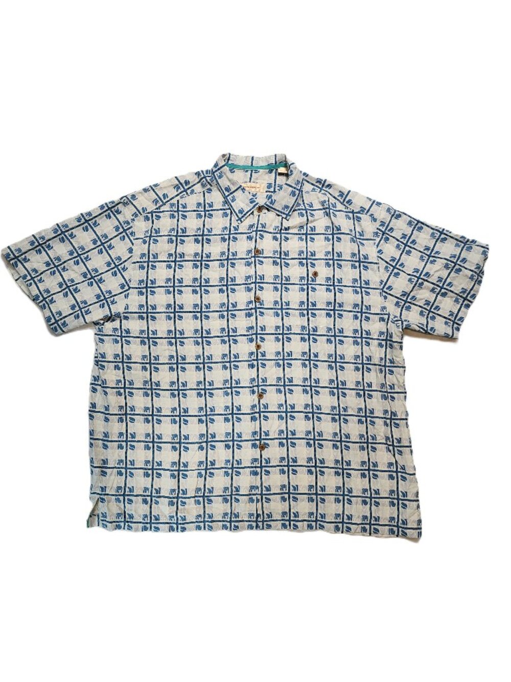 Tommy Bahama XXL 100% Silk Blue White Camp Shirt Hawaiian Button Up